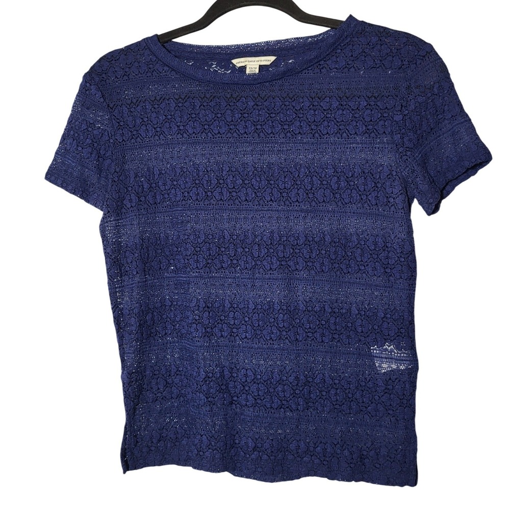 American Eagle Outfitters Womens Navy Blue Floral Lace Short Sleeve Top Size XS - Picture 1 of 9